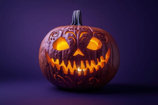 A stunning carved pumpkin illuminates with a warm glow, showcasing detailed designs that evoke the spirit of Halloween night.