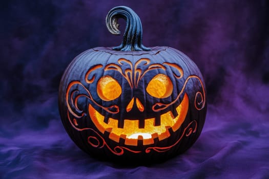 A beautifully carved pumpkin features an intricate design, illuminated from within, casting a warm glow in the dark setting.
