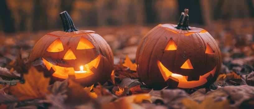 Two carved pumpkins with glowing faces sit among colorful autumn leaves in a forest.