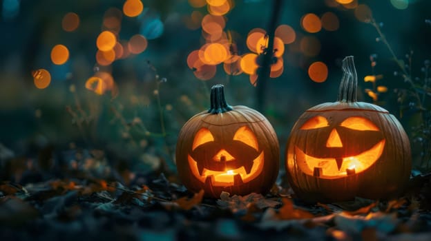 Two carved pumpkins with light inside sit among fallen leaves, surrounded by soft, warm bokeh lights, creating a festive autumn atmosphere.