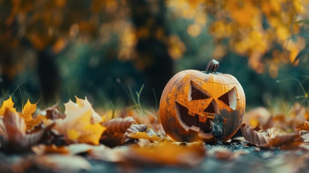A carved pumpkin with a spooky face rests among colorful autumn leaves on a misty day, capturing the essence of Halloween and the fall season.