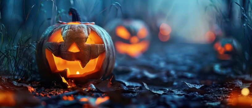 Carved pumpkins emit a warm glow in the darkness, surrounded by fallen leaves and mist, creating an eerie Halloween atmosphere.