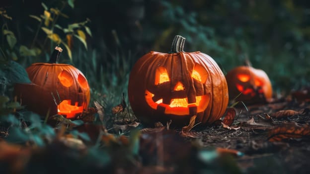 Carved pumpkins illuminate the night, casting warm light in a dark forest, surrounded by fallen leaves and autumn foliage.