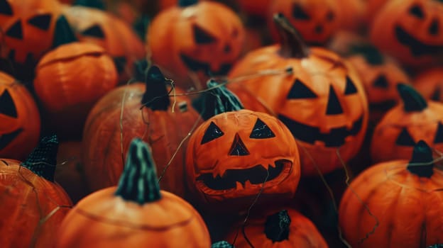 A vibrant collection of carved Halloween pumpkins showcases various expressions, filling the space with a festive atmosphere during the autumn season.