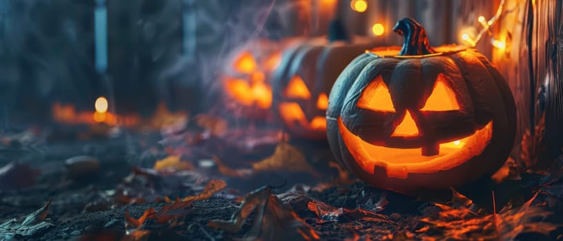 Brightly lit jack-o'-lanterns with carved faces sit among fallen autumn leaves, creating a festive mood with glowing lights in the background.