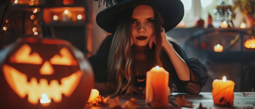 A woman wearing a witch hat rests her chin on her hand, surrounded by glowing candles and a carved pumpkin, capturing the enchanting atmosphere of Halloween.