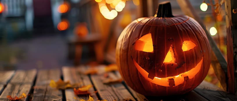 A carved pumpkin with a smiling face illuminates a wooden deck, surrounded by fallen leaves and glowing lights, creating a cozy autumn atmosphere.