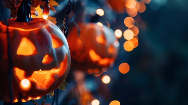 Jack-o'-lanterns with cheerful faces glow warmly, surrounded by fairy lights and autumn leaves during a festive Halloween night.
