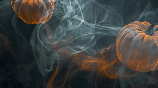 Two glowing pumpkins hover in swirling smoke, creating an eerie atmosphere perfect for Halloween celebrations.