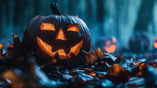 A carved pumpkin emits an eerie glow amid fallen leaves in a dark forest, surrounded by other lit jack-o'-lanterns that create a spooky Halloween atmosphere.