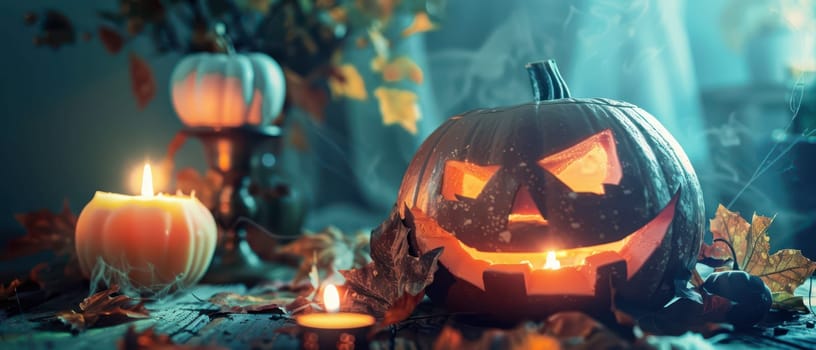 A carved pumpkin with a smiling face emits a warm glow, nestled among candles and autumn leaves, creating a festive Halloween atmosphere.