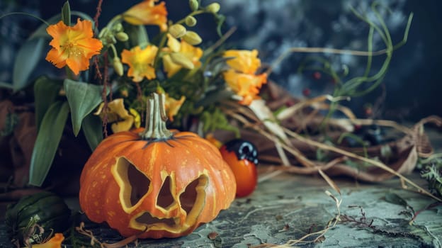 A carved pumpkin sits amidst vibrant flowers and autumn foliage, showcasing festive decoration for Halloween.