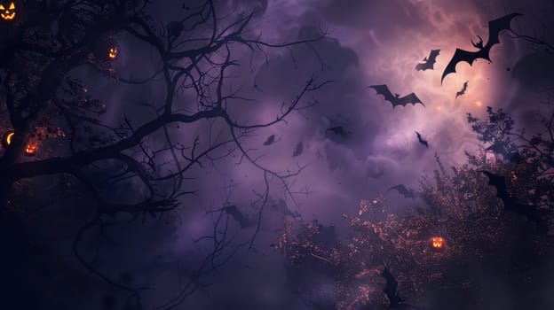 A mysterious forest is alive with fluttering bats, eerie fog, and glowing jack-o'-lanterns, creating a haunting atmosphere on Halloween night.
