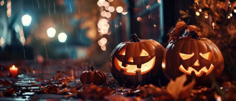 Two carved pumpkins rest on a cobbled path, surrounded by autumn leaves, while warm lights glimmer and rain falls in the background on Halloween night.