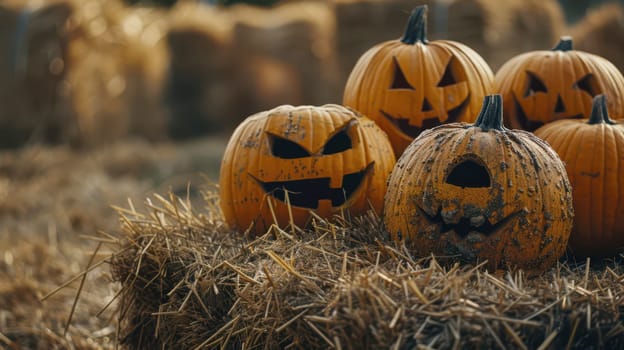 Carved pumpkins with various expressions are placed atop hay bales in a rural farm setting during the fall season.