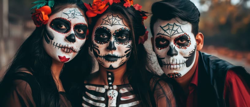 Three individuals dressed up with intricate sugar skull face paint celebrate Dia de los Muertos, showcasing colorful flowers and traditional attire.