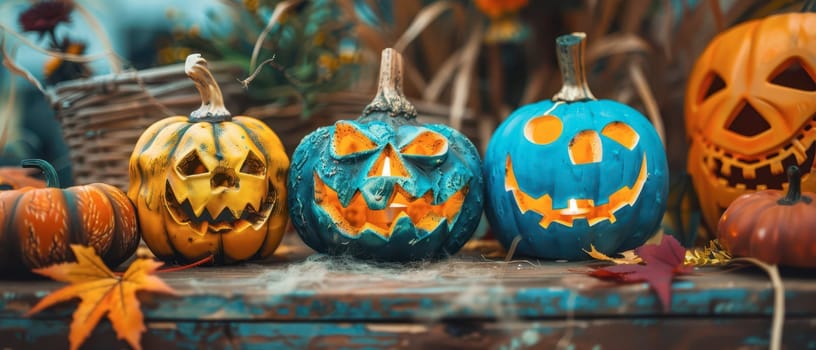 Three carved pumpkins with vibrant colors sit on a wooden table, surrounded by autumn leaves, celebrating the Halloween spirit.