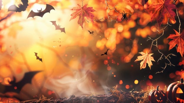 A vibrant Halloween setting features bats fluttering among colorful autumn leaves surrounding a cozy pumpkin patch.