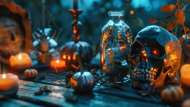 Decorative Halloween setup featuring skulls, candles, and pumpkins illuminated in a mystical night atmosphere.