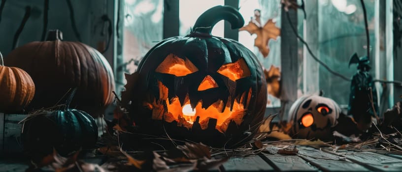 A collection of carved pumpkins with glowing faces surrounded by colorful autumn leaves, creating a festive Halloween atmosphere.