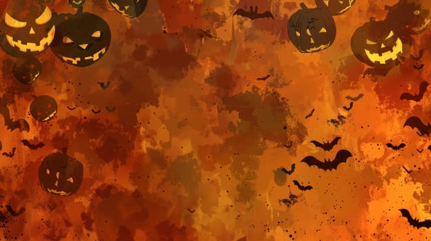 A vibrant Halloween backdrop filled with spooky pumpkins and flying bats against an orange gradient.