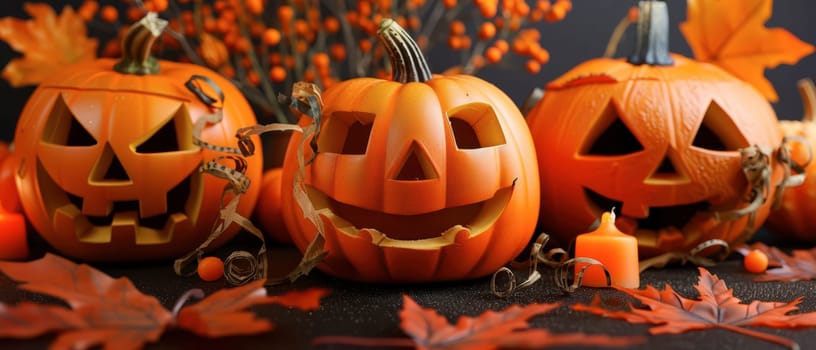 Three carved pumpkins with various expressions sit among colorful autumn leaves and seasonal decor.