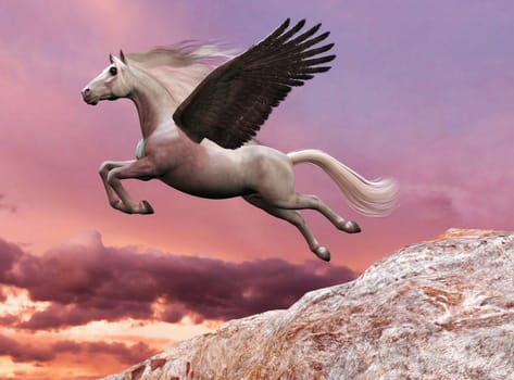 A beautiful white Pegasus stallion, a legendary mythical horse with wings, takes off for the sky.