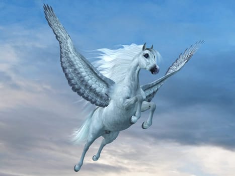 A beautiful white Pegasus stallion, a legendary mythical horse with wings, takes off for the sky.