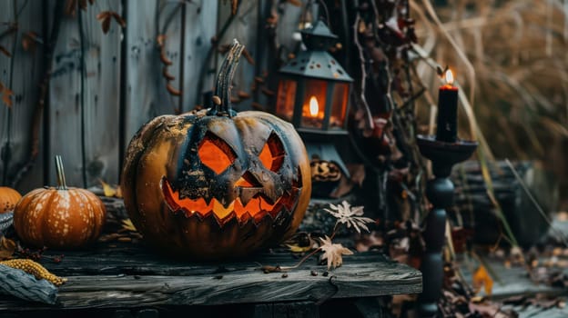 A carved pumpkin with a menacing grin sits among autumn decor, surrounded by lanterns and flickering candles, creating a festive Halloween ambiance.