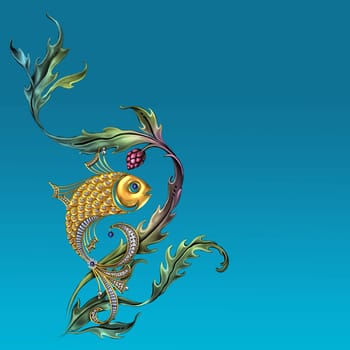 Golden fish. Underwater stylized fish illustration on teal background. Design for postcard, banner, card, bathroom accessories. Realistic style.