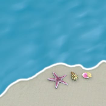 A starfish and seashells laying on a sandy beach. Realistic style.