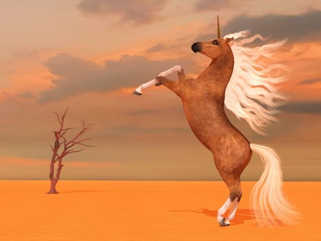 This fantasy Palomino unicorn is a legendary creature of mythology with a pointed forehead spiral horn.