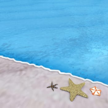 Three starfish laying on a sandy beach. Realistic style.