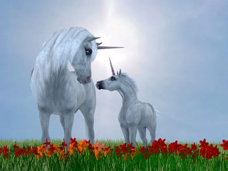 The Unicorn is a mythical creature that has a horse body with forehead horn and cloven hooves. A mother Unicorn shows how much she loves her foal.