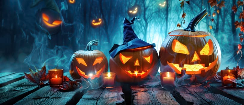 Three carved pumpkins with glowing faces sit on a wooden table surrounded by candles, set against a dark, eerie forest backdrop during Halloween.