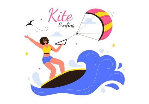 Kitesurfing Vector Illustration featuring a Kite Surfer Standing on a Kiteboard in the Summer Sea in Extreme Water Sports with a Cartoon Background