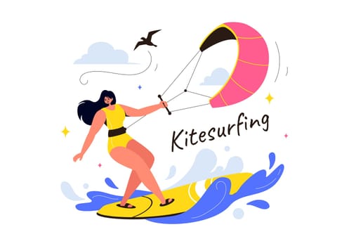 Kitesurfing Vector Illustration featuring a Kite Surfer Standing on a Kiteboard in the Summer Sea in Extreme Water Sports with a Cartoon Background