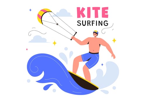 Kitesurfing Vector Illustration featuring a Kite Surfer Standing on a Kiteboard in the Summer Sea in Extreme Water Sports with a Cartoon Background