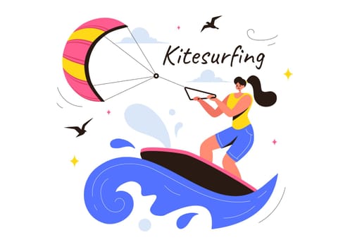 Kitesurfing Vector Illustration featuring a Kite Surfer Standing on a Kiteboard in the Summer Sea in Extreme Water Sports with a Cartoon Background