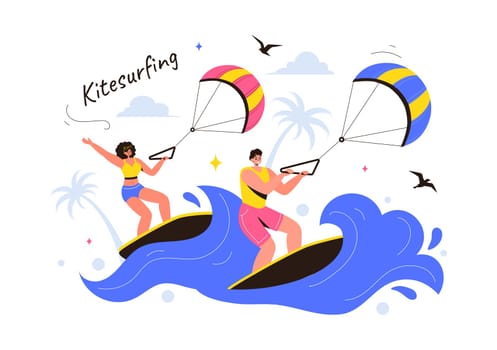 Kitesurfing Vector Illustration featuring a Kite Surfer Standing on a Kiteboard in the Summer Sea in Extreme Water Sports with a Cartoon Background
