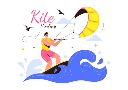 Kitesurfing Vector Illustration featuring a Kite Surfer Standing on a Kiteboard in the Summer Sea in Extreme Water Sports with a Cartoon Background