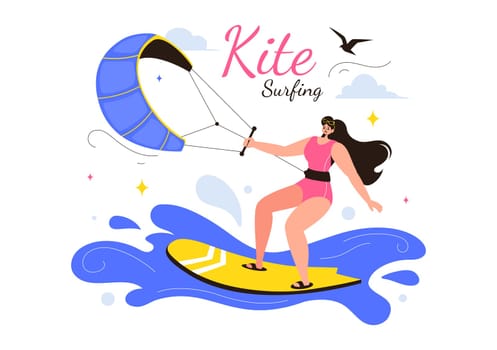 Kitesurfing Vector Illustration featuring a Kite Surfer Standing on a Kiteboard in the Summer Sea in Extreme Water Sports with a Cartoon Background