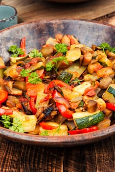 RATATOUILLE is a bright vegetable stew made from fresh fried vegetables. Steamed vegetables
