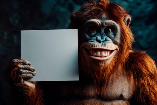 A smiling ape holds a blank rectangular piece of paper in its paws. Copy space. AI generated