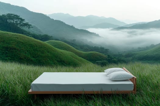 An empty double bed in the middle of grassy hills with foggy mountains in the background. AI generated