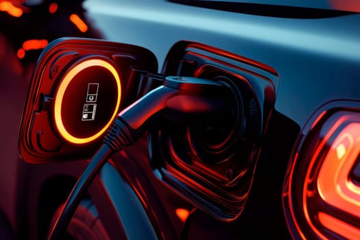 Closeup EV charger handle plugged in to electric car, recharging EV car battery with alternative and sustainable energy with zero CO2 emission. AI generated