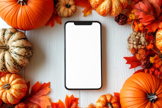 Mobile phone with empty screen and beautiful  autumn decoration,  flat lay. Copy space for text. Cozy Fall season. AI generated
