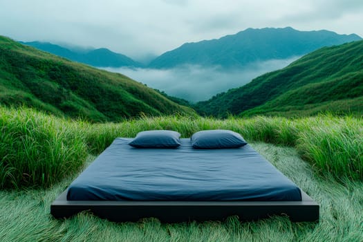 An empty double bed in the middle of grassy hills with foggy mountains. AI generated