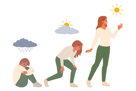 Woman successfully overcomes depression and feels relief after taking antidepressants, located under sun and clouds. Stress or depression in girl is replaced by joy and readiness for new challenges