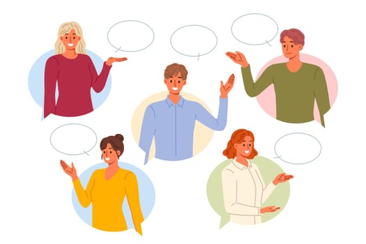 People are happy to communicate and share information, stands under conversation clouds, for business conference concept. Communication between men and women who are ready to talk and express opinions
